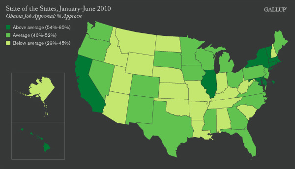 Map: State of the States: Obama Job Approval, January-June 2010, % Approve