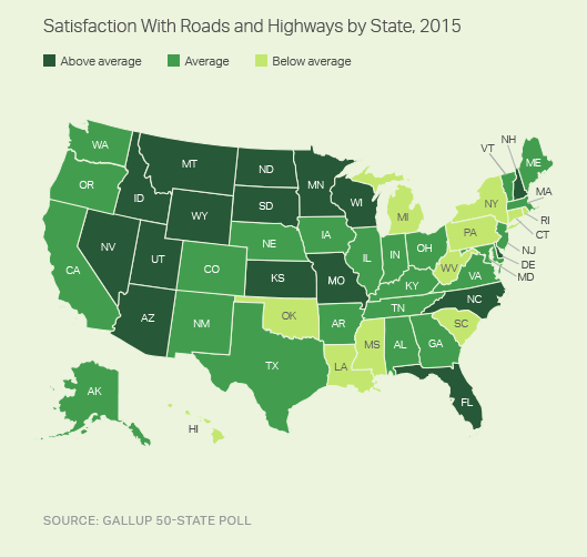 State Map: Satisfaction With Roads and Highways by State, 2015
