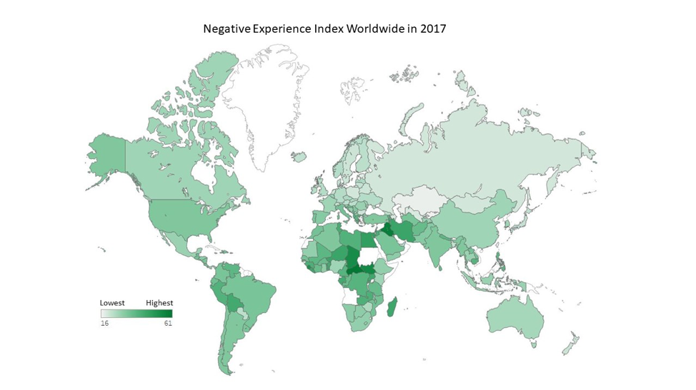 Heat map. Negative Experience Index ranges from 16 to 61.