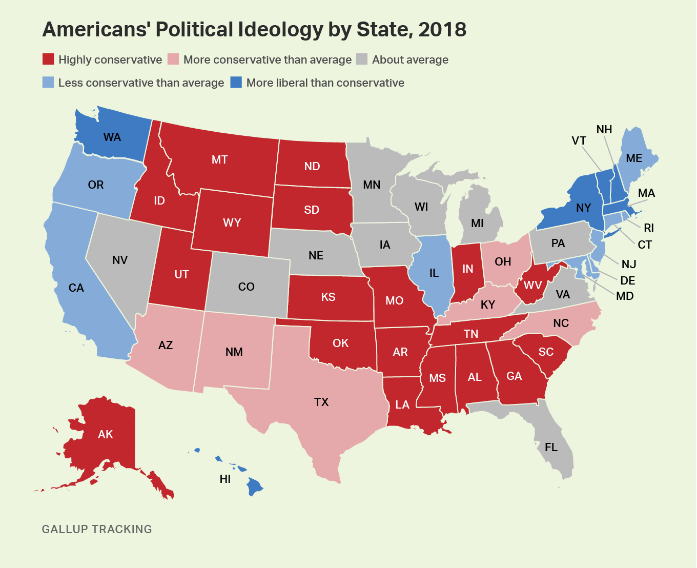 Heat map. The political ideology of the populations of each U.S. state.
