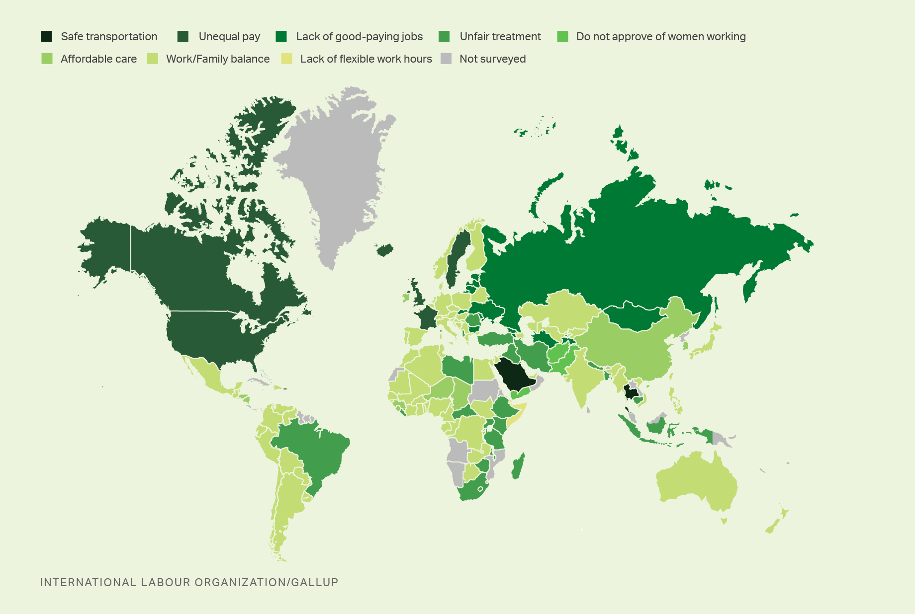 Primary challenges for women by country on world map from International Labour Organization and Gallup