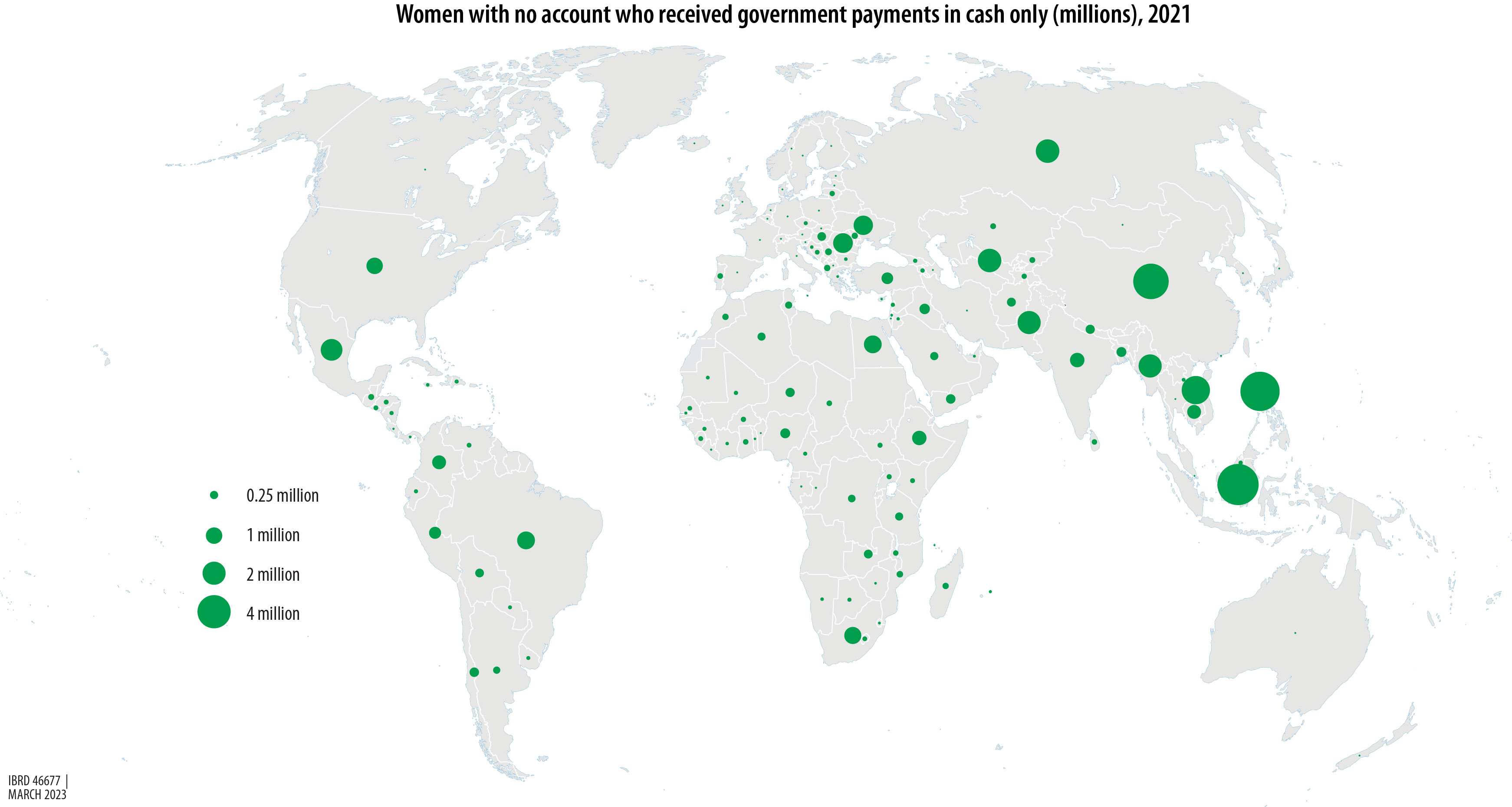 Custom graphic. Map showing women with no account who received government payouts in cash only, in the millions, in 2021.