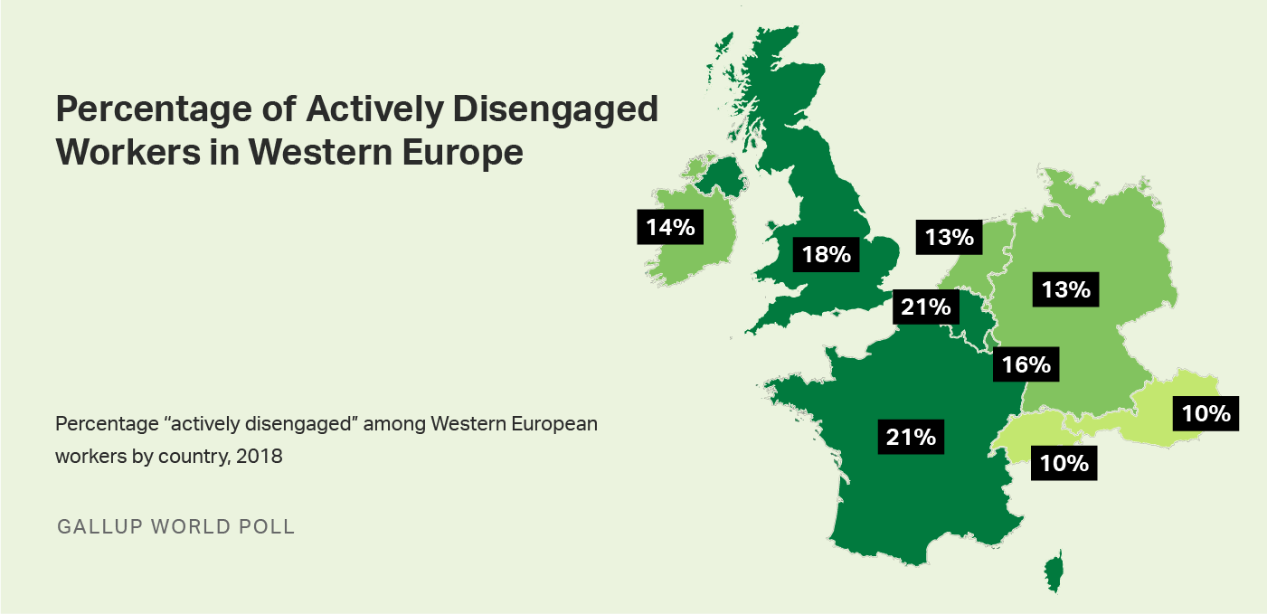 Map: Percentage of actively disengaged workers in Western Europe, 2018. 