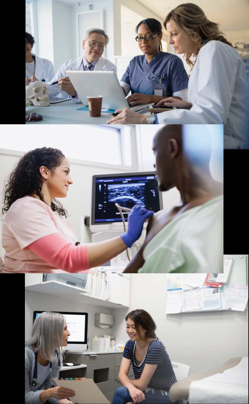 Hospital staff gather around a computer over lunch; a doctor consults her patients; an ultrasound tech performs an ultrasound on her patient.