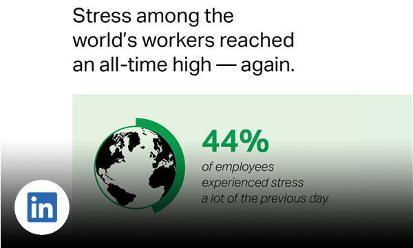 Globe with pie chart and text 44% of employees experienced stress a lot of the previous day.
