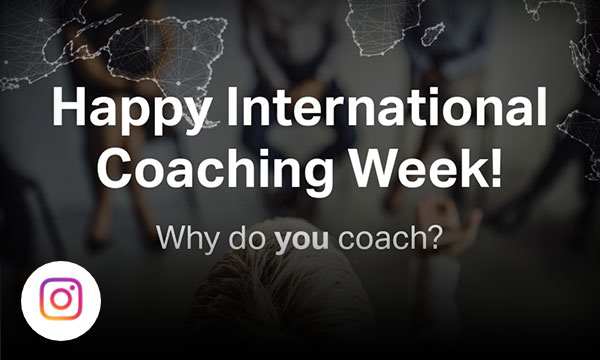 Dark background with globe outline and person talking to workers with text happy international coaching week.