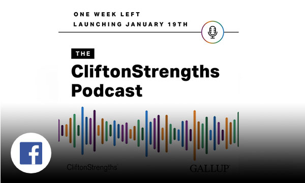 Colorful bar design with text one week left launching January 19th the Clifton Strengths Podcast.
